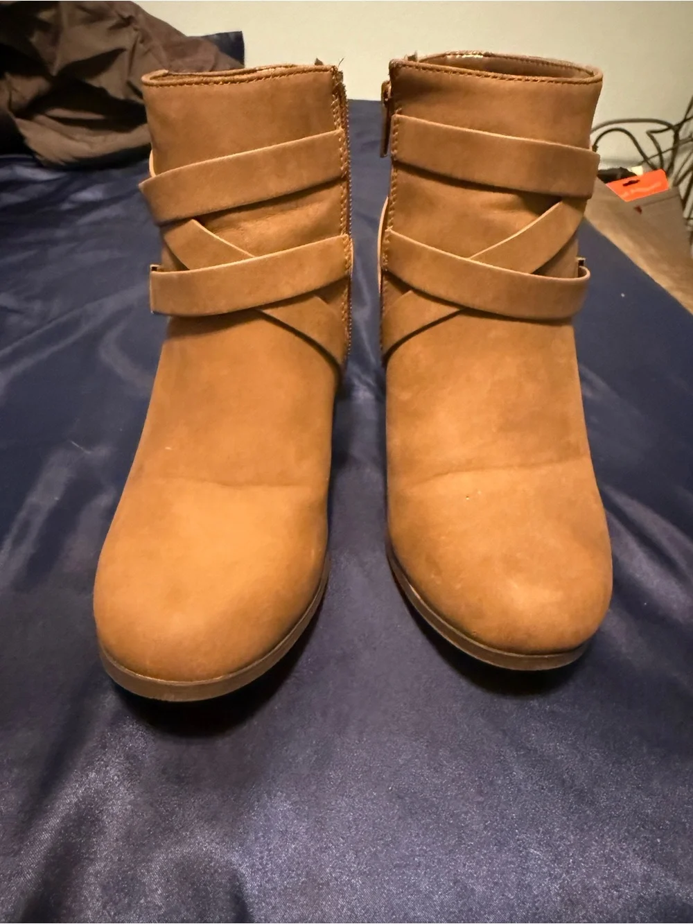 Charlotte Russe Tan Suede-Look Ankle Booties with Wrap Straps